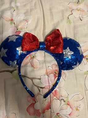 Patriotic Sequin Mickey Mouse Ears Headband Blue Silver Stars Red Bow